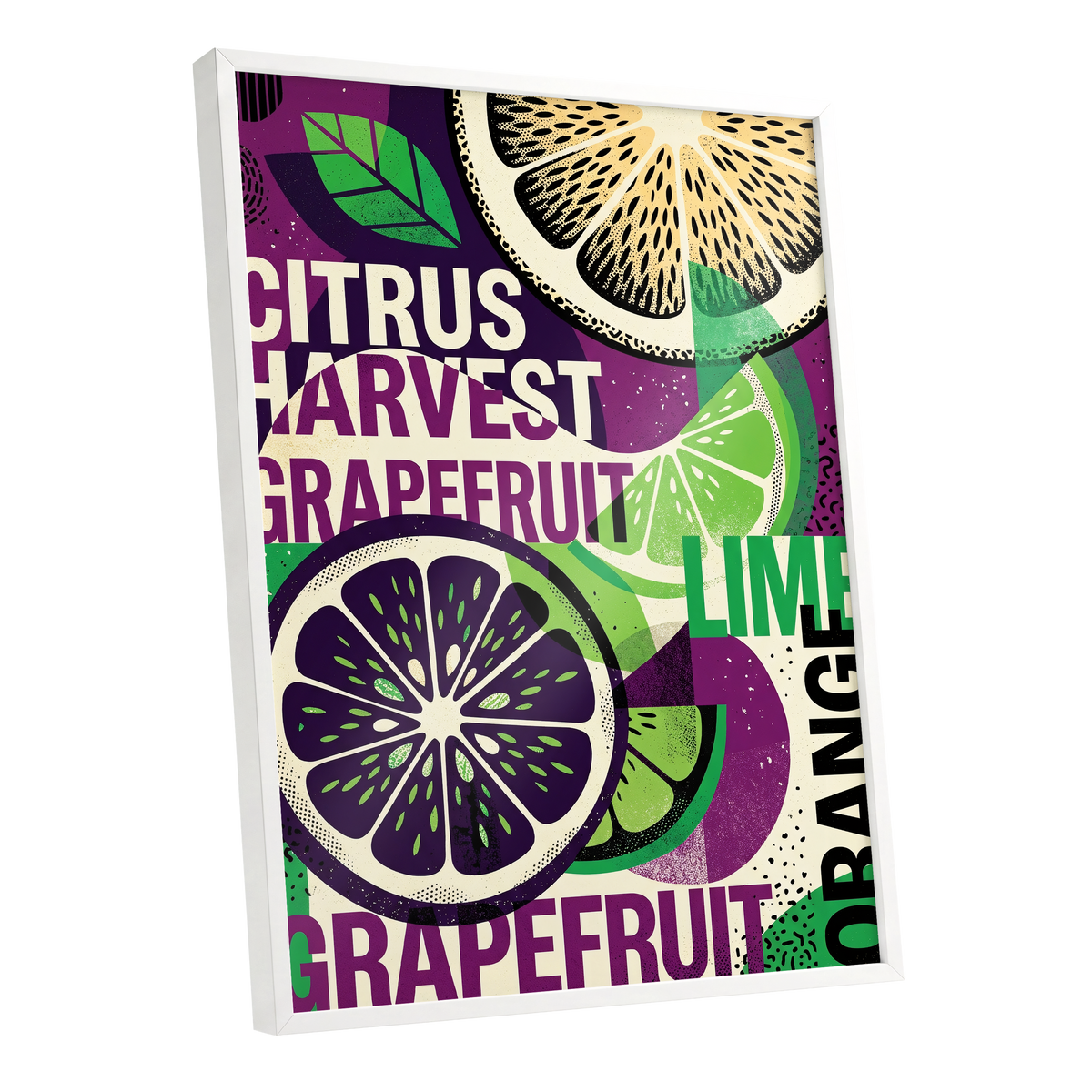 Citrus Harvest Collage, purple, green, beige nature wall art shown as a white framed poster wall art print