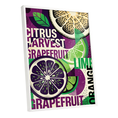 Citrus Harvest Collage, purple, green, beige nature wall art shown as a white framed poster wall art print