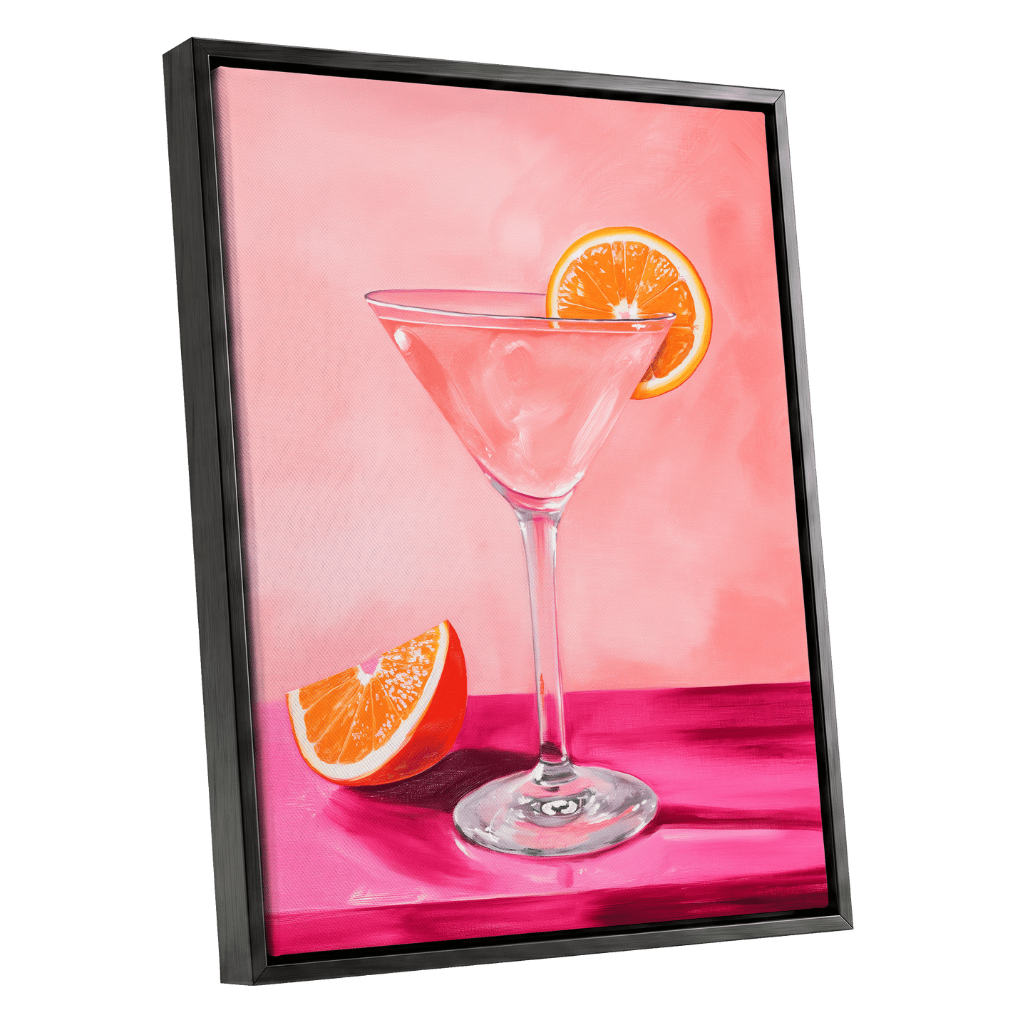 Citrus Hour, pink, orange, white minimalist wall art shown as a black framed canvas wall art