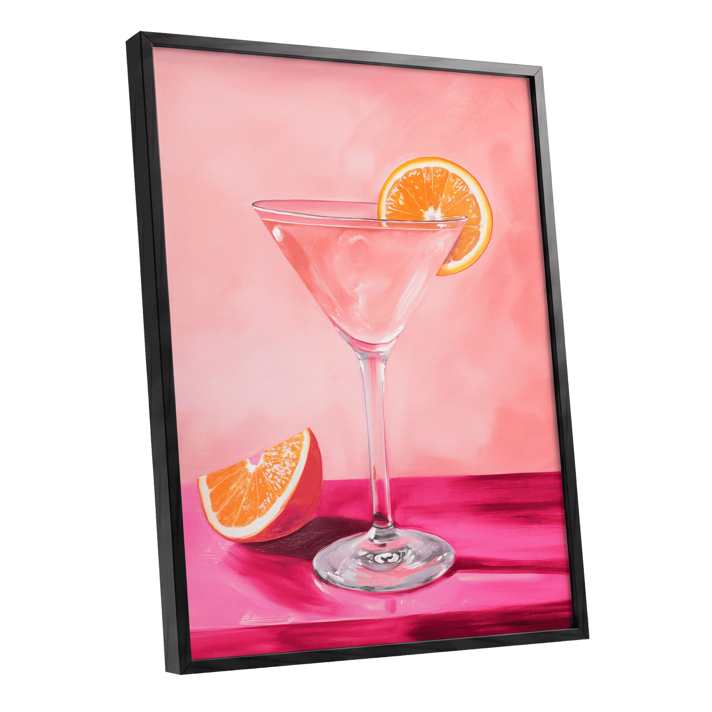 Citrus Hour, pink, orange, white minimalist wall art shown as a black framed poster wall art print