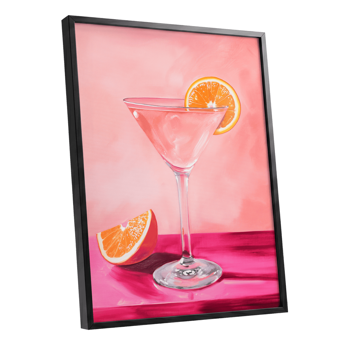 Citrus Hour, pink, orange, white minimalist wall art shown as a black framed poster wall art print