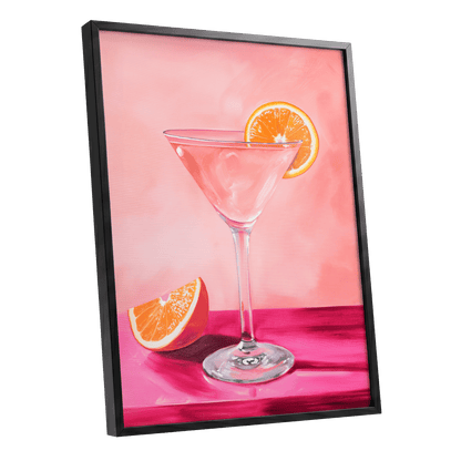 Citrus Hour, pink, orange, white minimalist wall art shown as a black framed poster wall art print