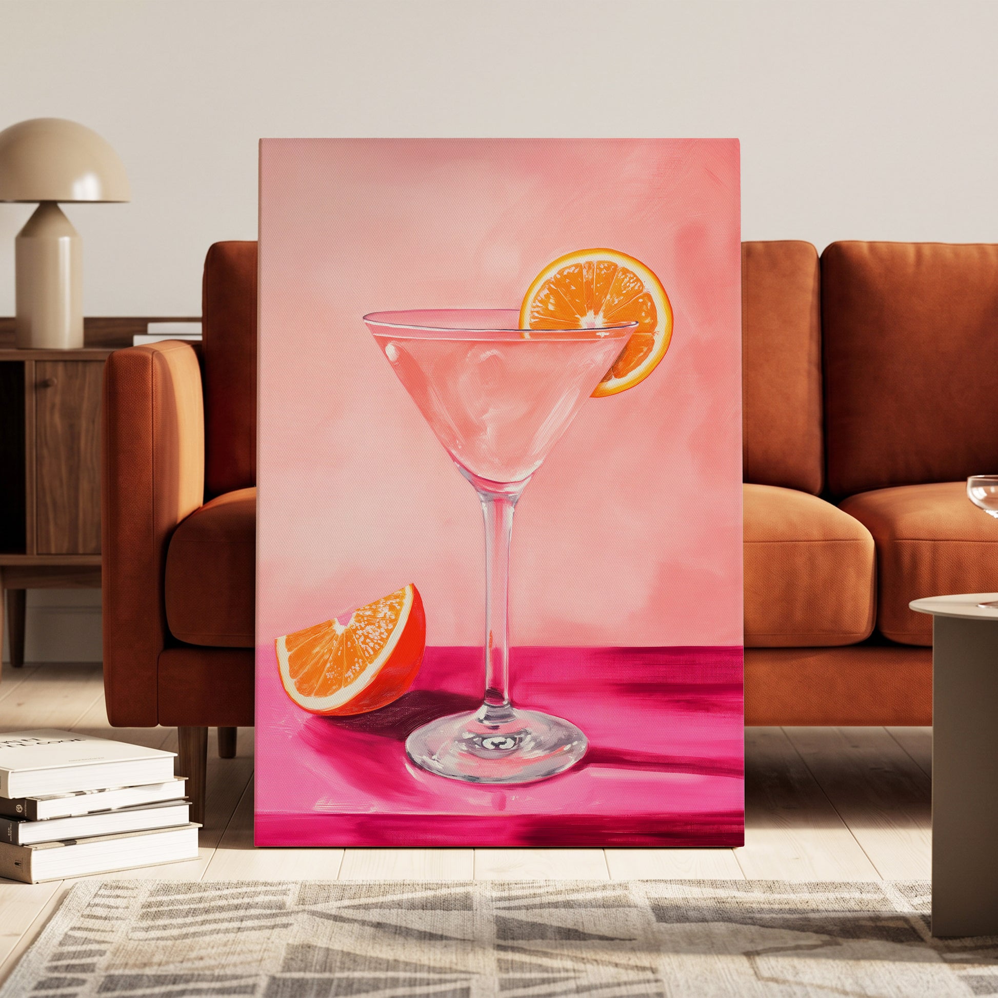 Citrus Hour, pink, orange, white minimalist wall art on canvas displayed in a styled interior, gallery view 1