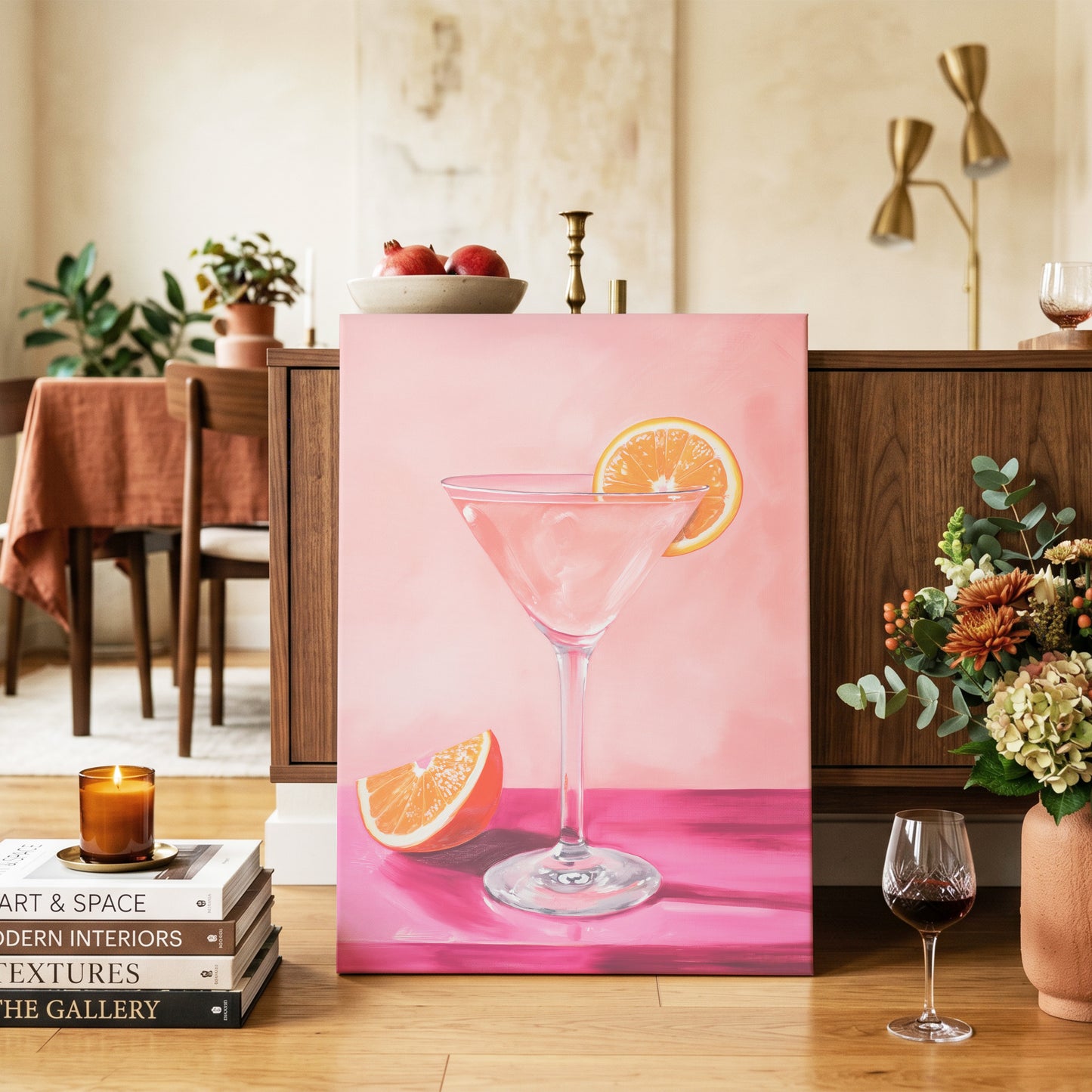 Citrus Hour, pink, orange, white minimalist wall art on canvas displayed in a styled interior, gallery view 2