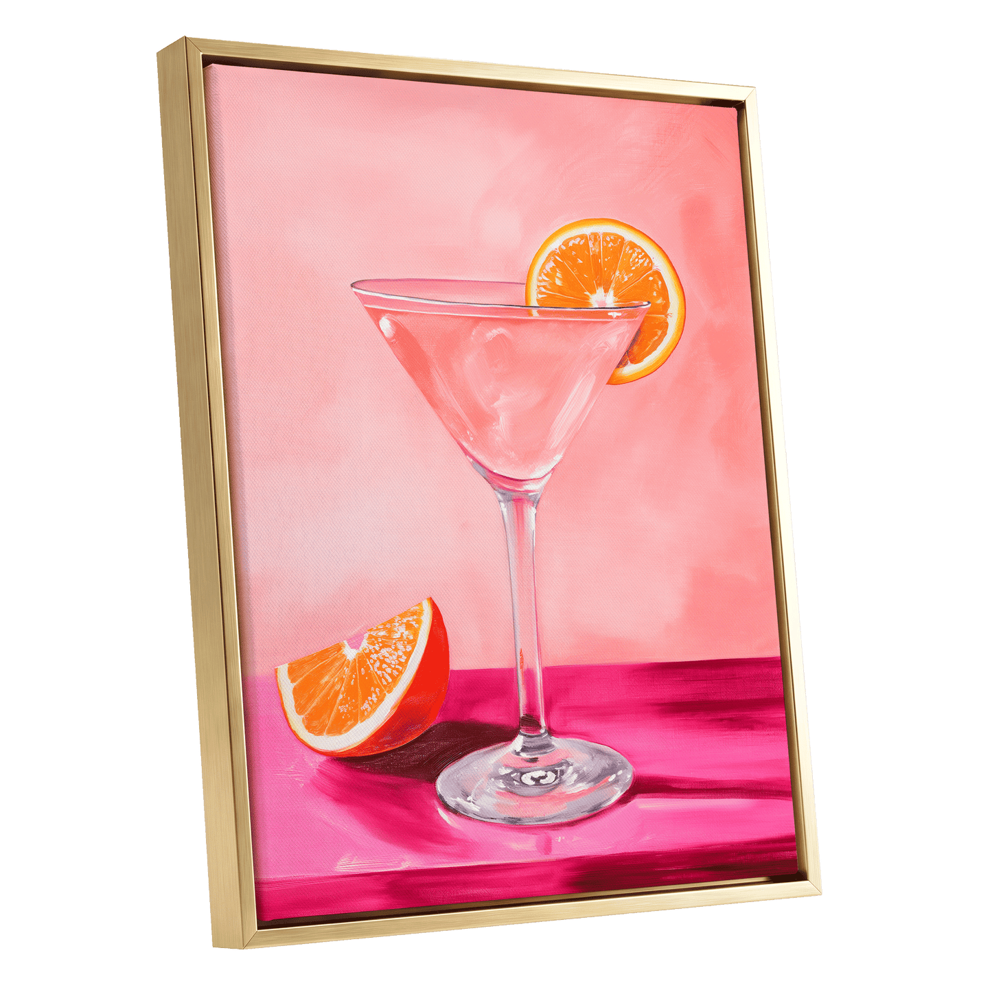 Citrus Hour, pink, orange, white minimalist wall art shown as a gold framed canvas wall art