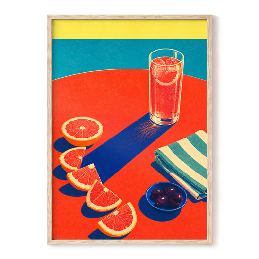 Citrus Hour, red, orange, blue minimalist wall art, front artwork view