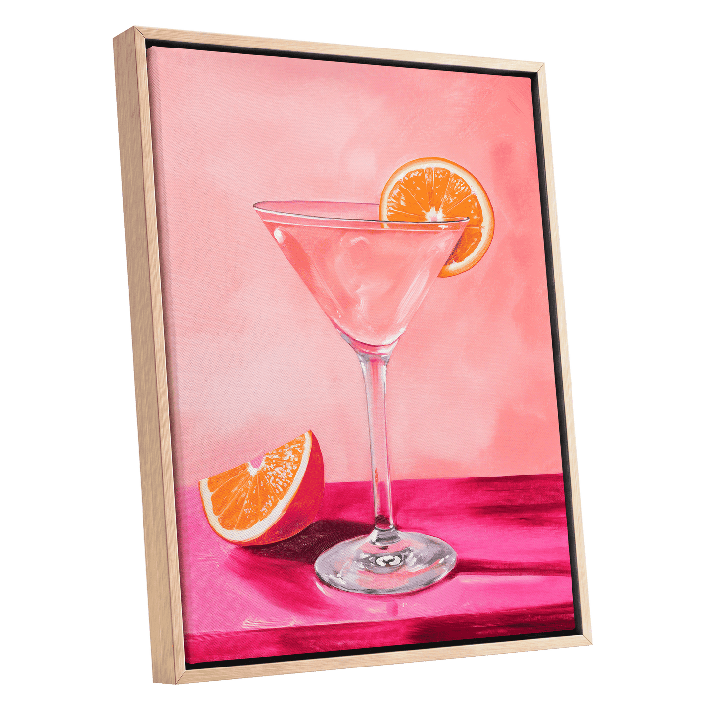 Citrus Hour, pink, orange, white minimalist wall art shown as a oak framed canvas wall art
