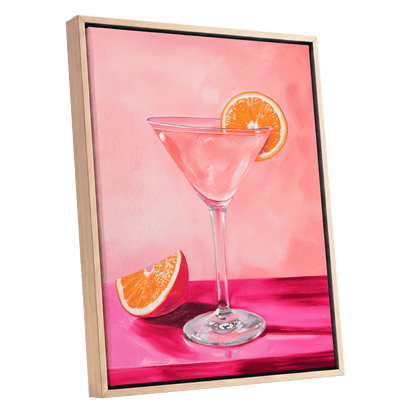 Citrus Hour, pink, orange, white minimalist wall art shown as a oak framed canvas wall art