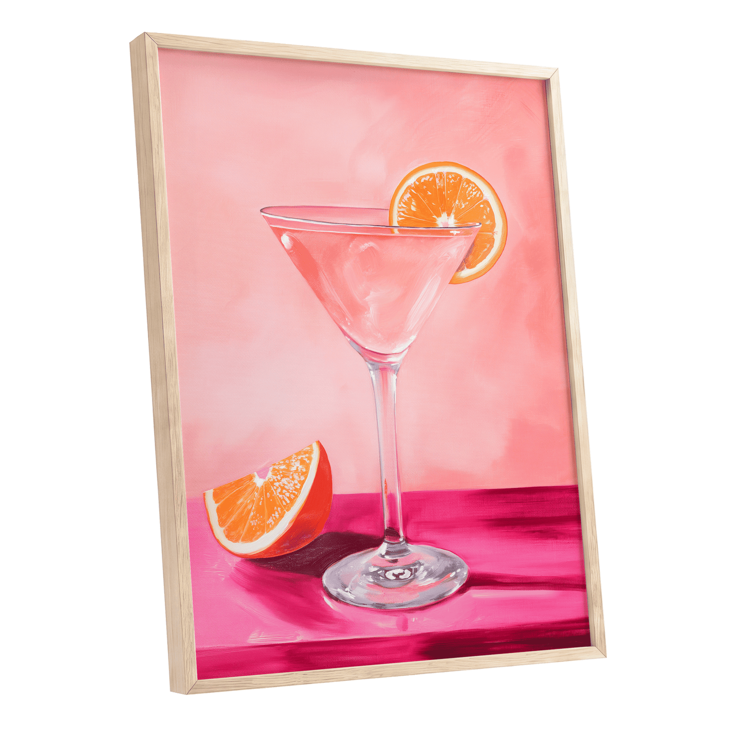 Citrus Hour, pink, orange, white minimalist wall art shown as a oak framed poster wall art print