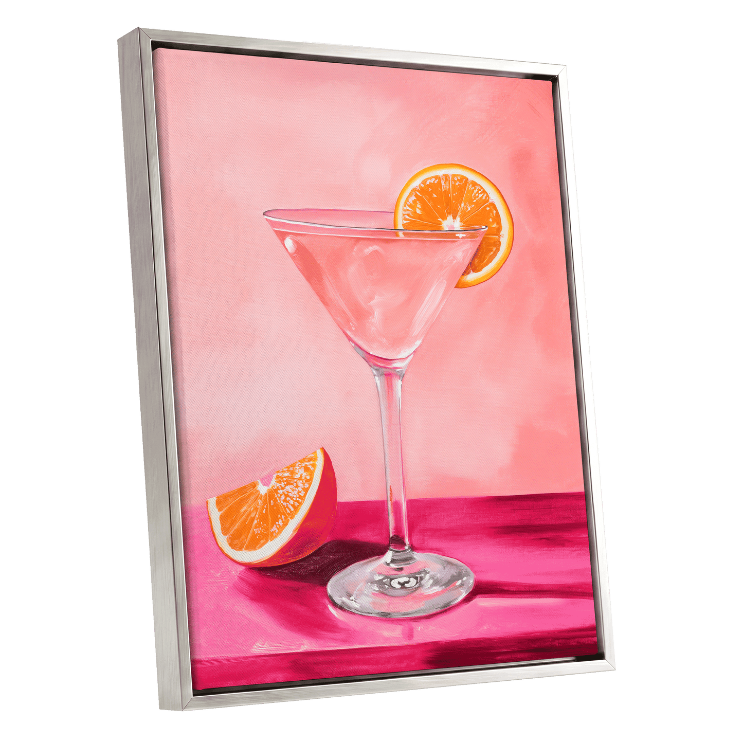 Citrus Hour, pink, orange, white minimalist wall art shown as a silver framed canvas wall art