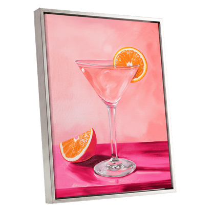 Citrus Hour, pink, orange, white minimalist wall art shown as a silver framed canvas wall art