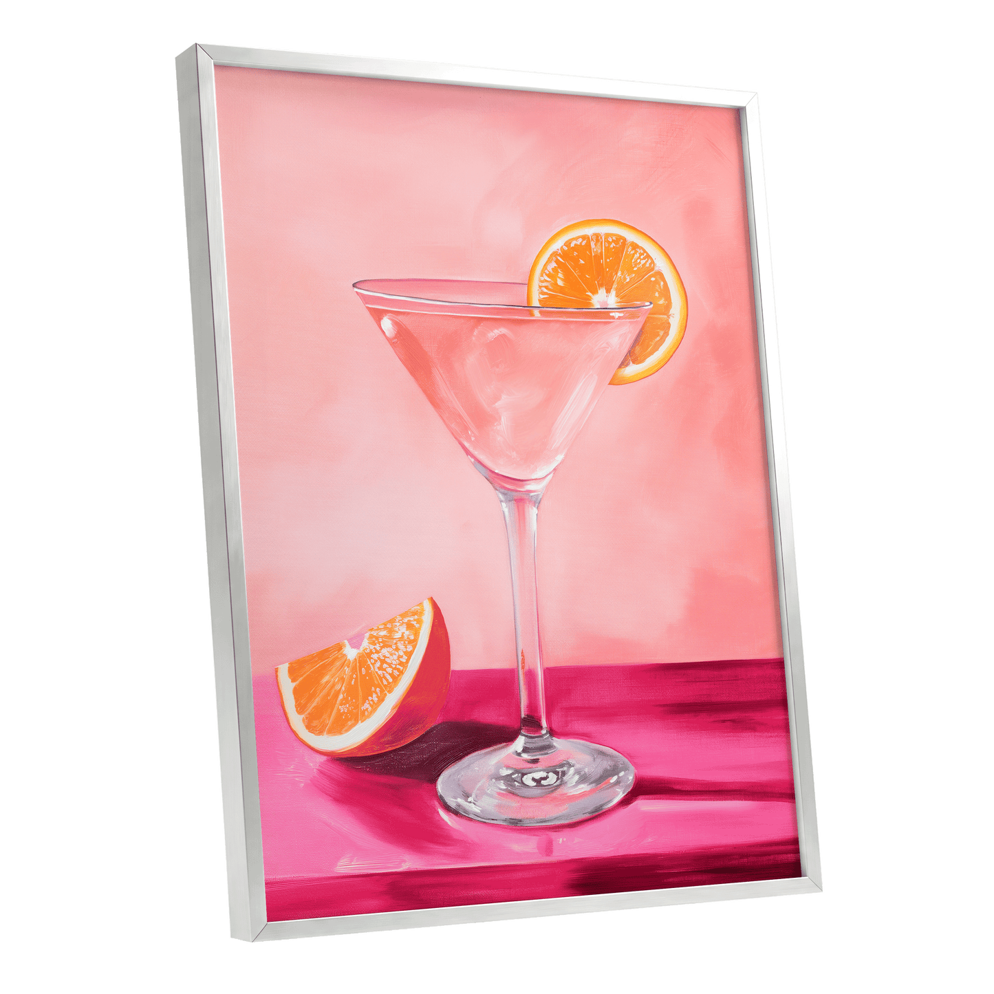 Citrus Hour, pink, orange, white minimalist wall art shown as a silver framed poster wall art print