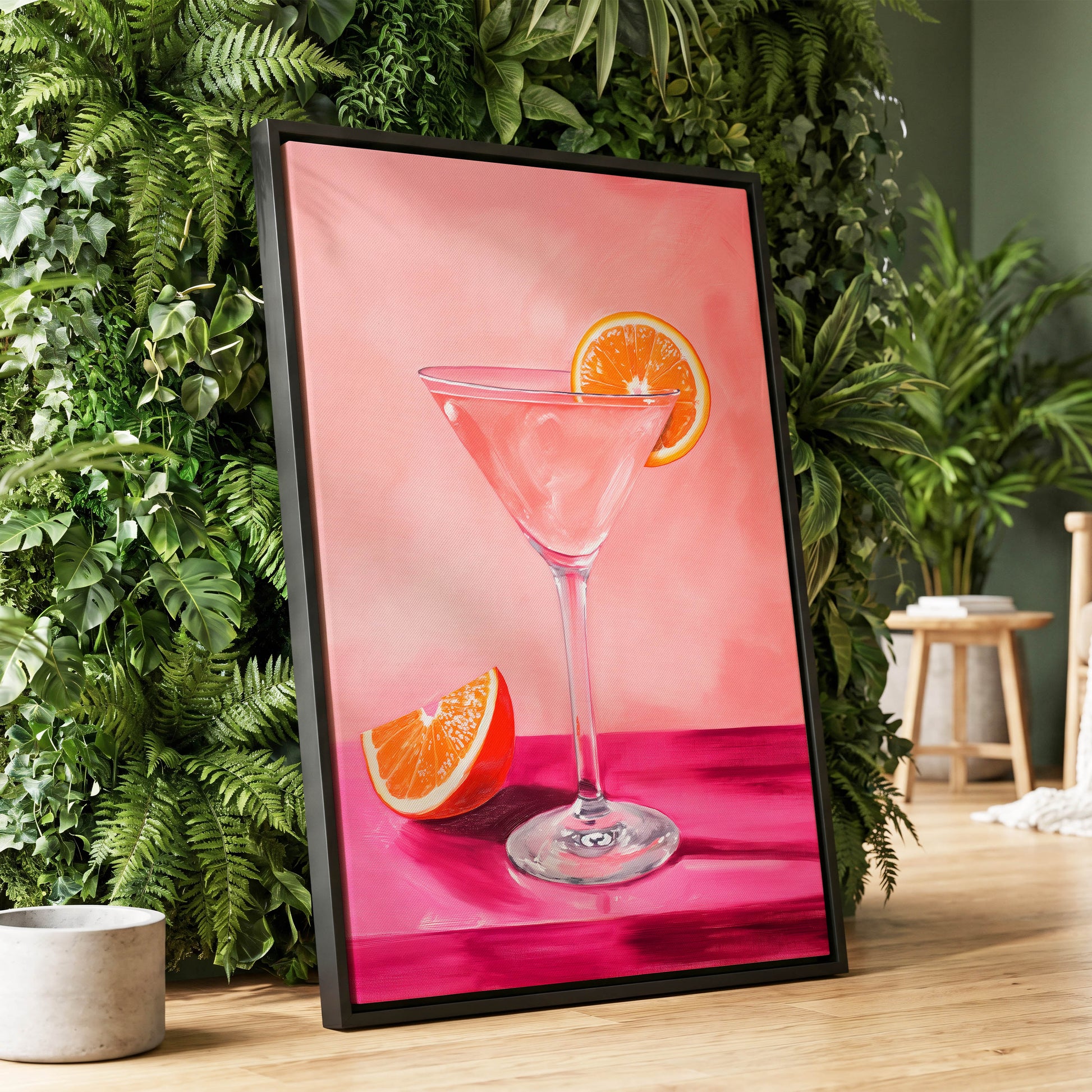 Citrus Hour, pink, orange, white minimalist wall art displayed in a styled interior, gallery view 1