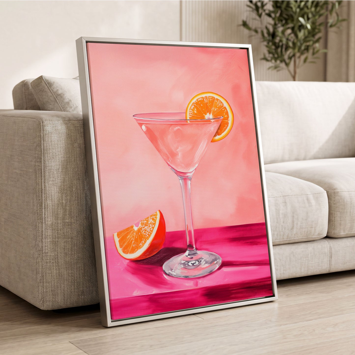 Citrus Hour, pink, orange, white minimalist wall art displayed in a styled interior, gallery view 2