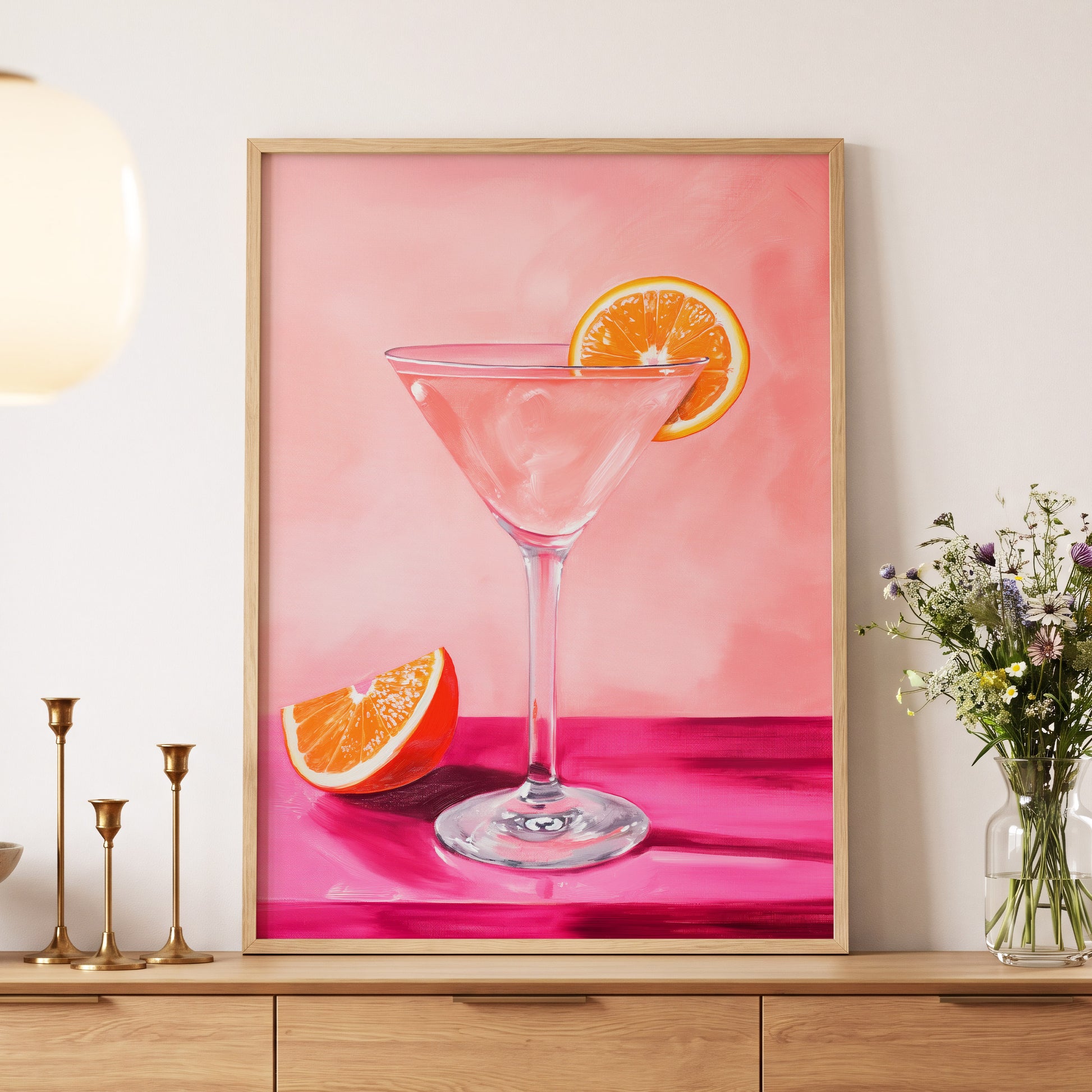 Citrus Hour, pink, orange, white minimalist wall art displayed in a styled interior, gallery view 4