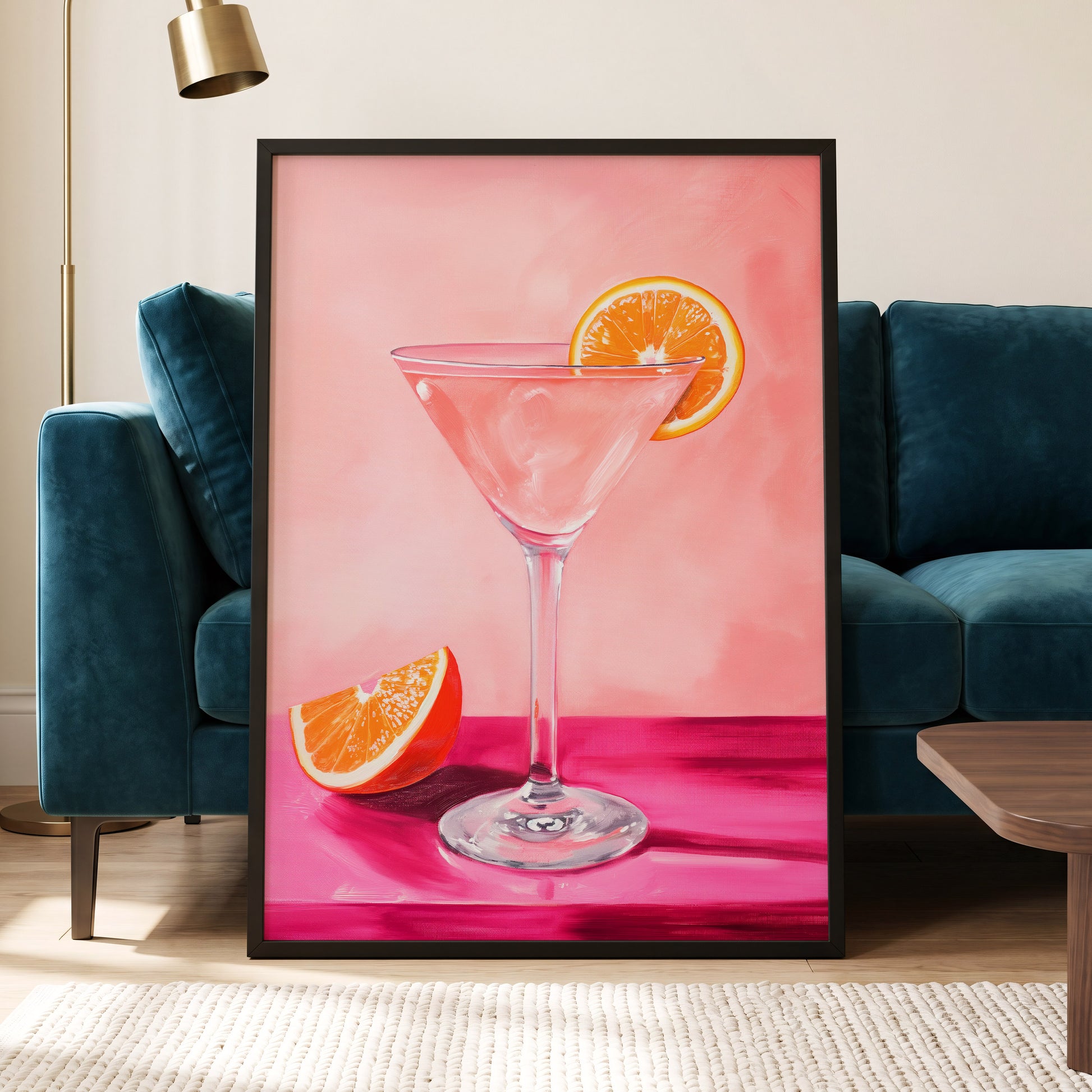 Citrus Hour, pink, orange, white minimalist wall art displayed in a styled interior, gallery view 5