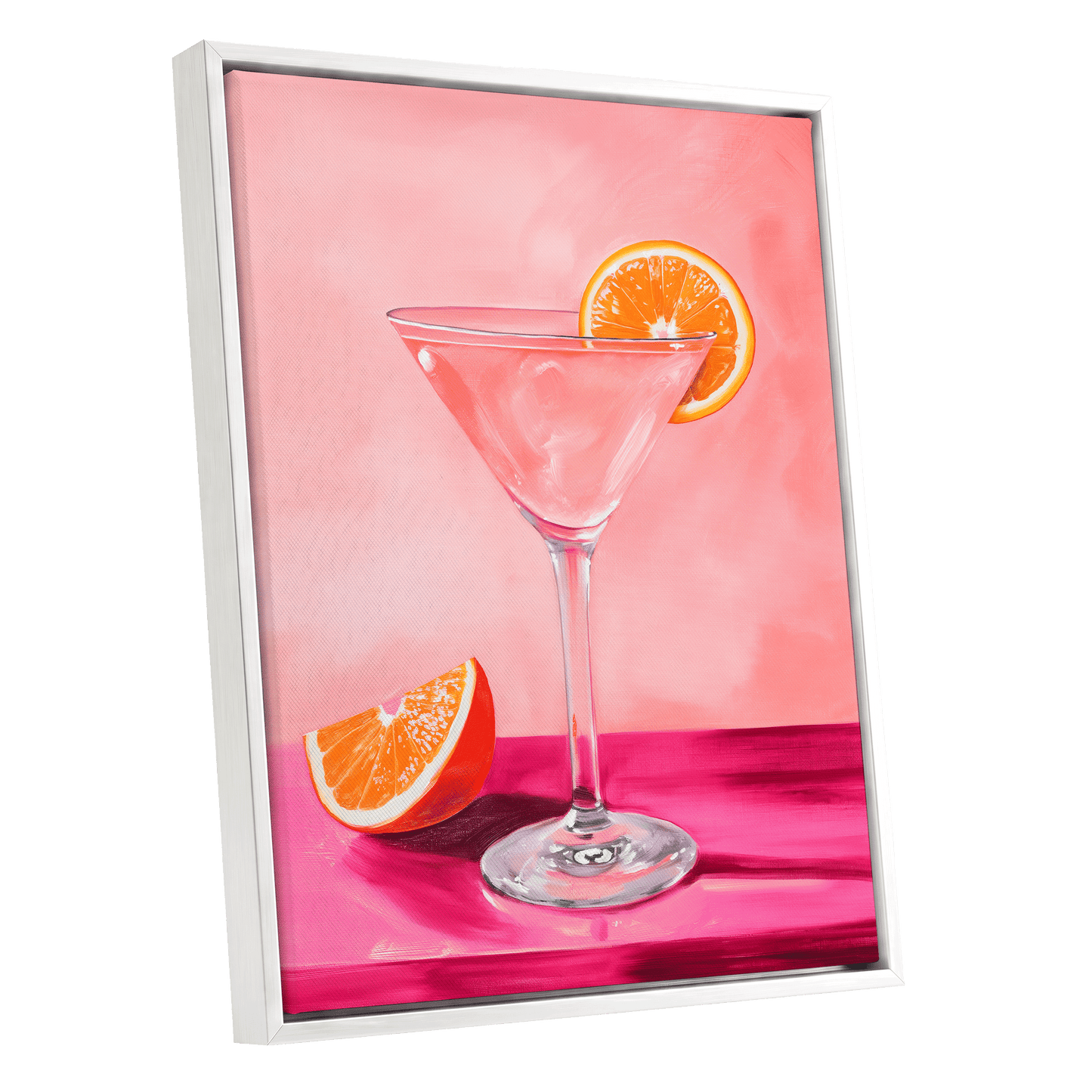 Citrus Hour, pink, orange, white minimalist wall art shown as a white framed canvas wall art