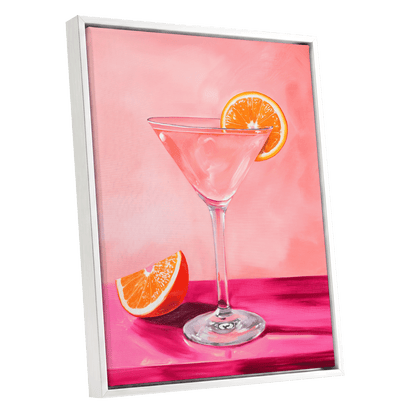 Citrus Hour, pink, orange, white minimalist wall art shown as a white framed canvas wall art