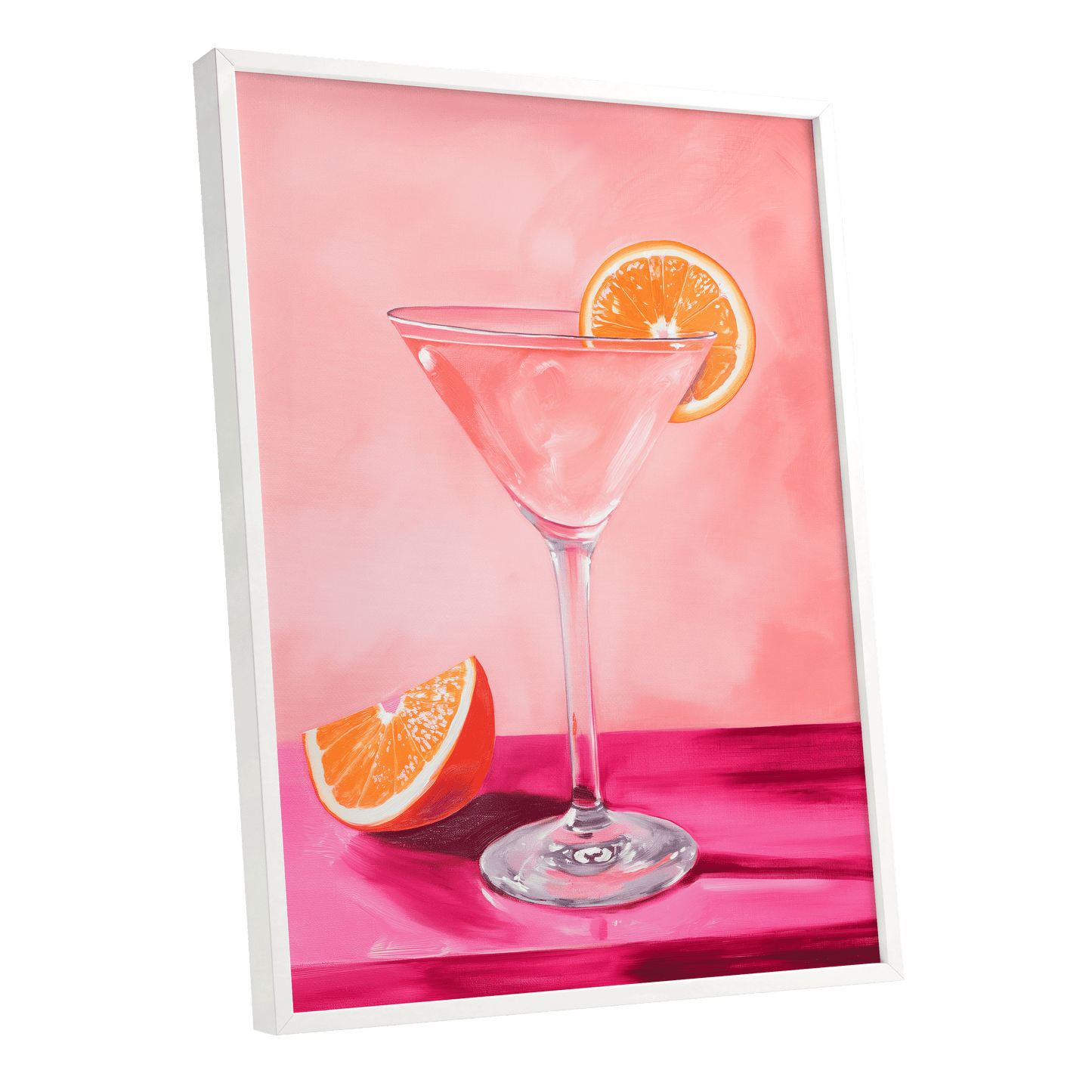 Citrus Hour, pink, orange, white minimalist wall art shown as a white framed poster wall art print