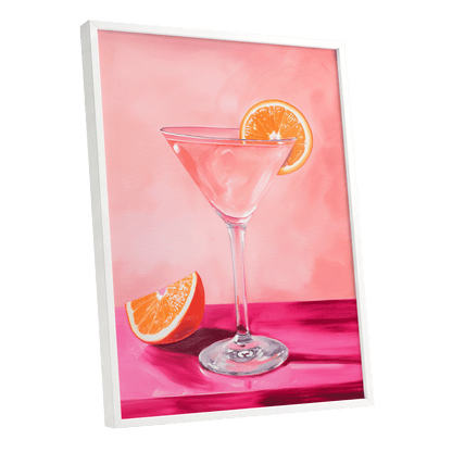 Citrus Hour, pink, orange, white minimalist wall art shown as a white framed poster wall art print