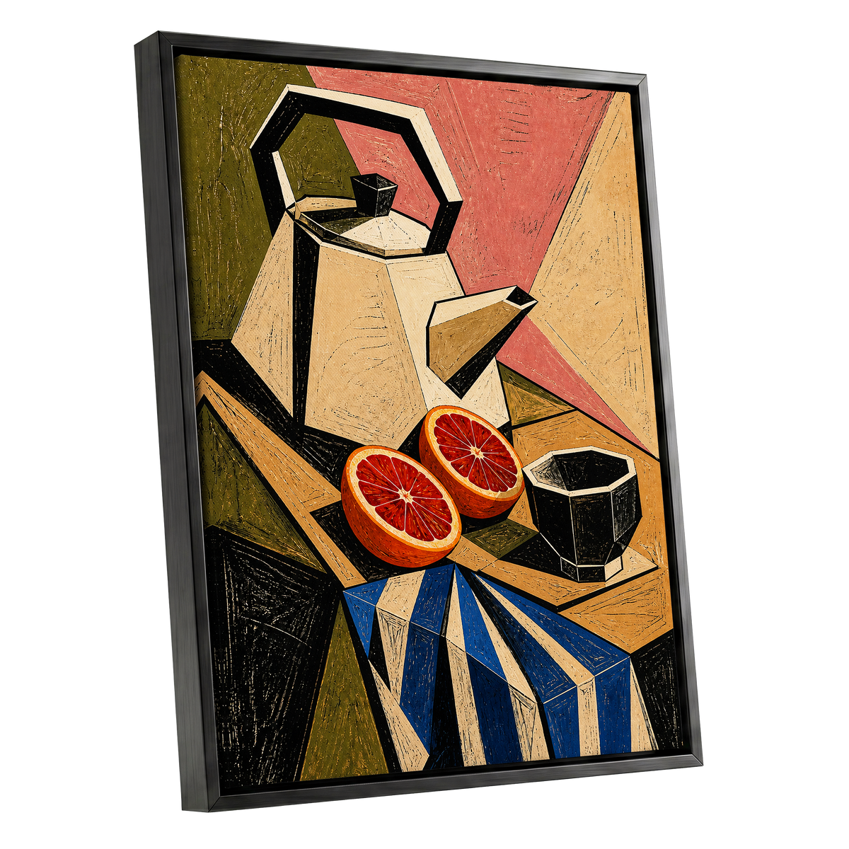 Citrus in Angles, black, beige, green abstract wall art shown as a black framed canvas wall art