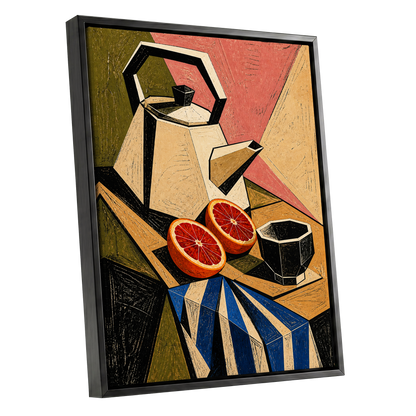 Citrus in Angles, black, beige, green abstract wall art shown as a black framed canvas wall art