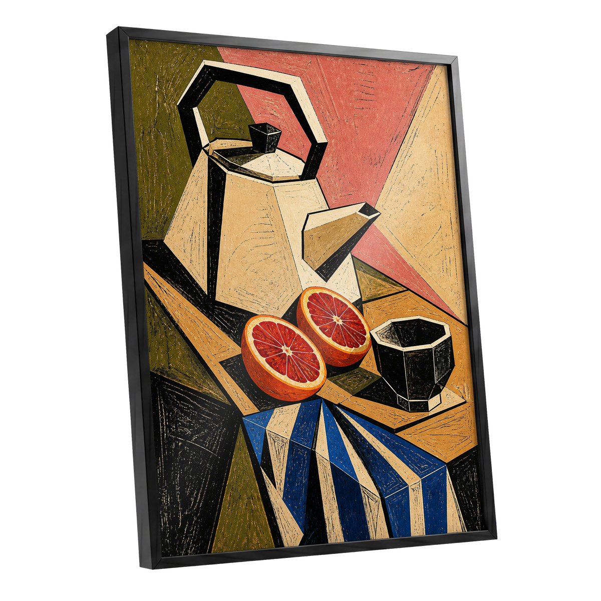 Citrus in Angles, black, beige, green abstract wall art shown as a black framed poster wall art print