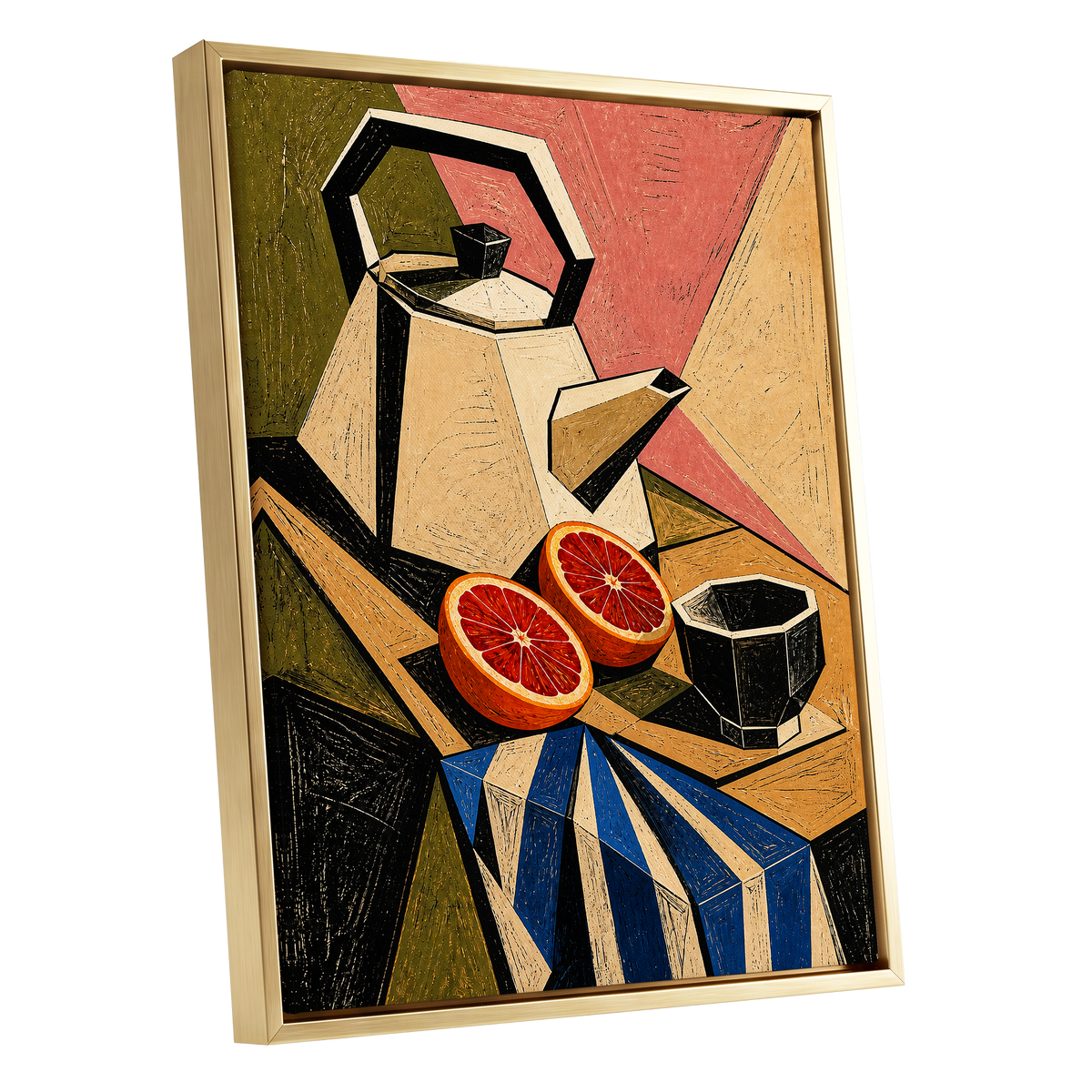 Citrus in Angles, black, beige, green abstract wall art shown as a gold framed canvas wall art