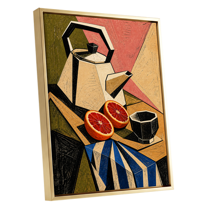Citrus in Angles, black, beige, green abstract wall art shown as a gold framed canvas wall art