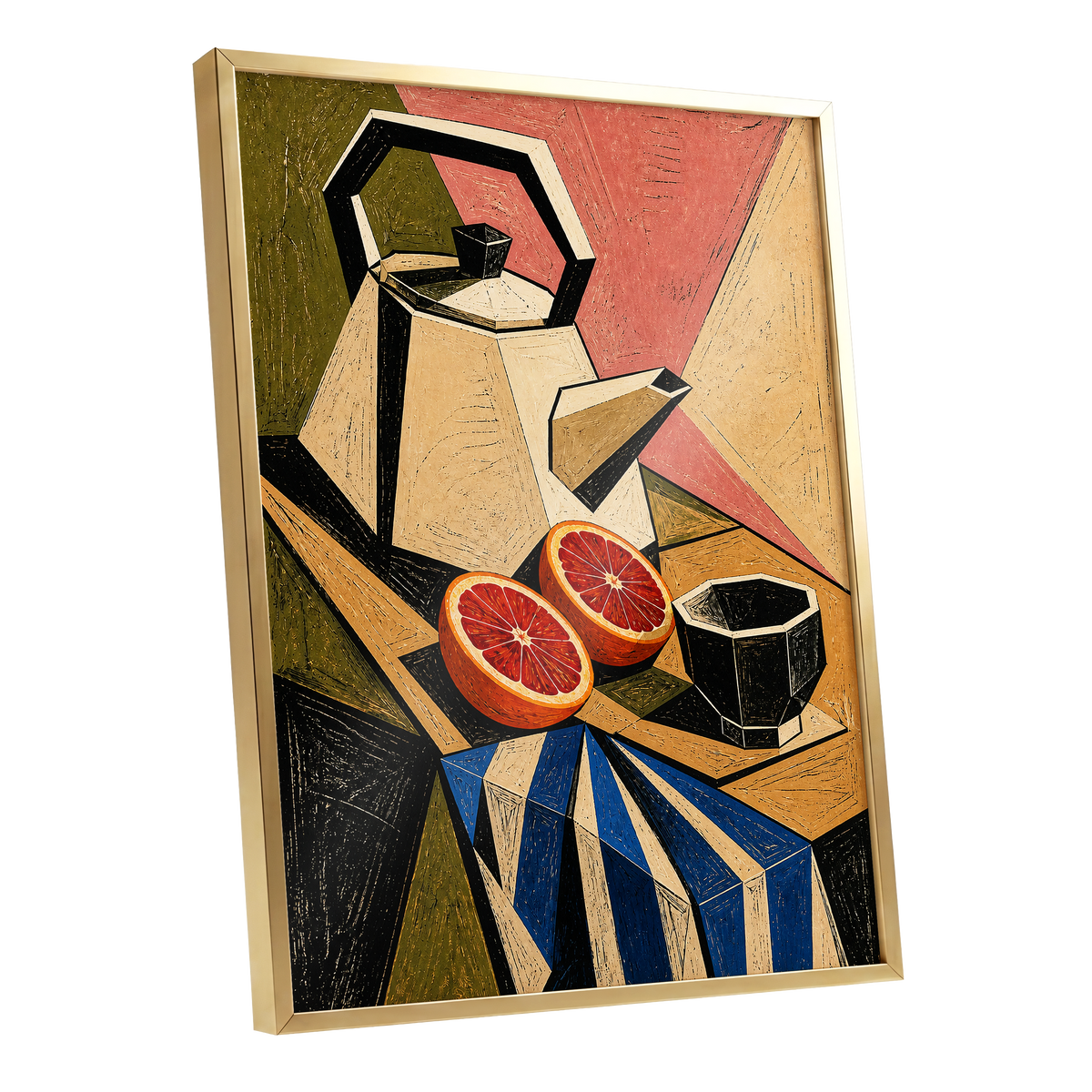 Citrus in Angles, black, beige, green abstract wall art shown as a gold framed poster wall art print