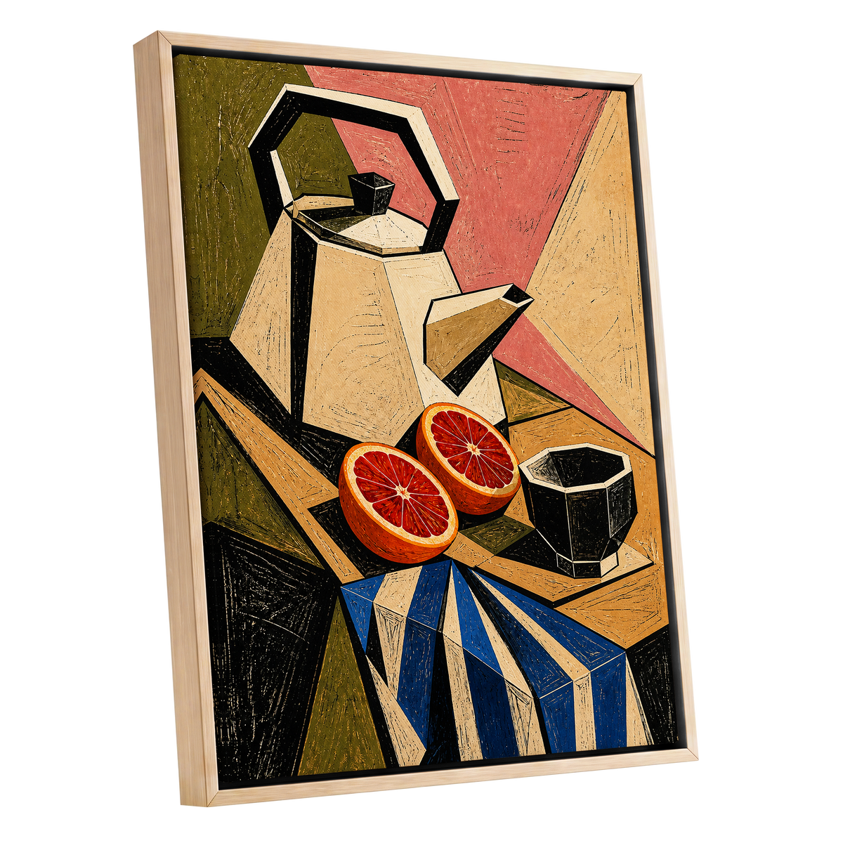 Citrus in Angles, black, beige, green abstract wall art shown as a oak framed canvas wall art