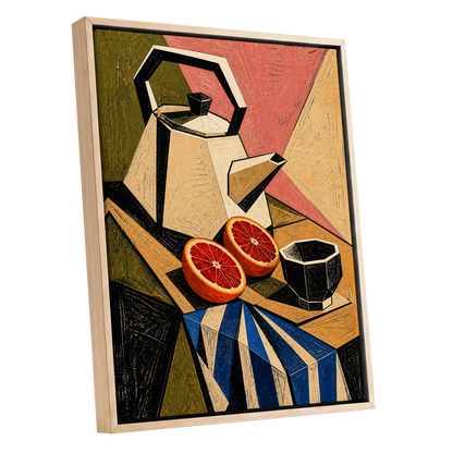 Citrus in Angles, black, beige, green abstract wall art shown as a oak framed canvas wall art