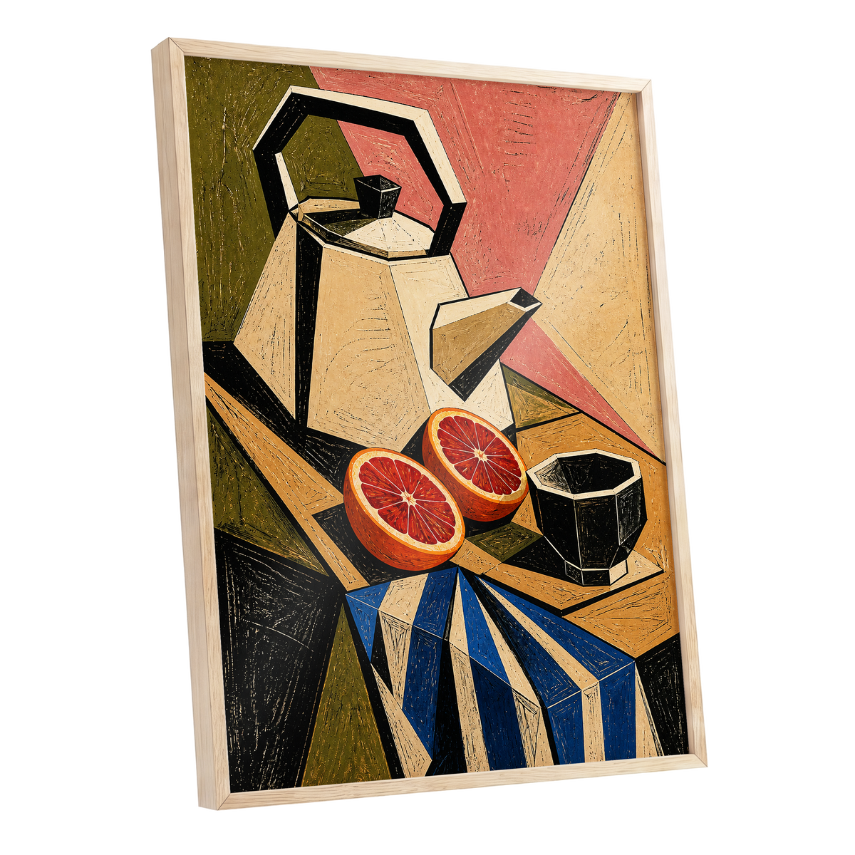 Citrus in Angles, black, beige, green abstract wall art shown as a oak framed poster wall art print