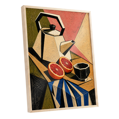 Citrus in Angles, black, beige, green abstract wall art shown as a oak framed poster wall art print