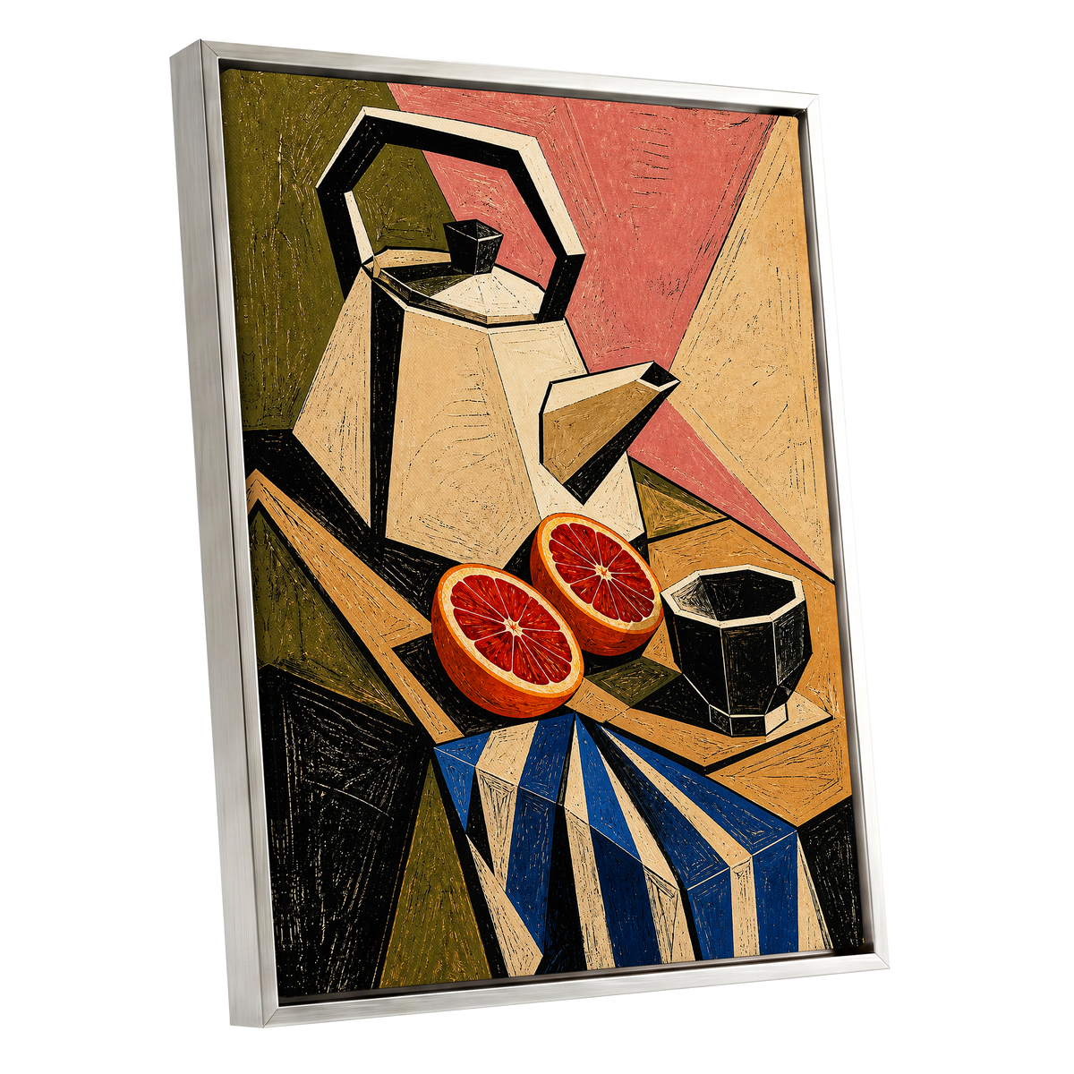 Citrus in Angles, black, beige, green abstract wall art shown as a silver framed canvas wall art