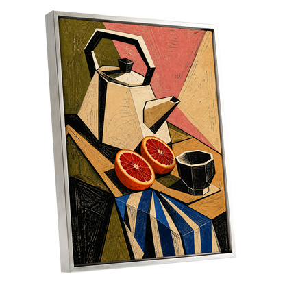Citrus in Angles, black, beige, green abstract wall art shown as a silver framed canvas wall art