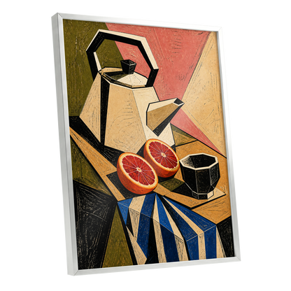 Citrus in Angles, black, beige, green abstract wall art shown as a silver framed poster wall art print