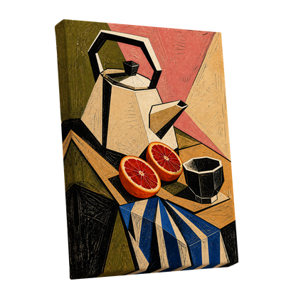 Citrus in Angles, black, beige, green abstract wall art shown as a stretched canvas wall art