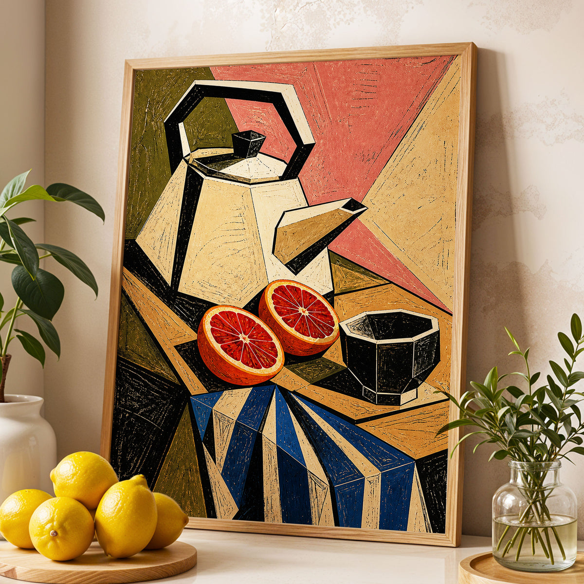 Citrus in Angles, black, beige, green abstract wall art displayed in a styled interior, gallery view 2