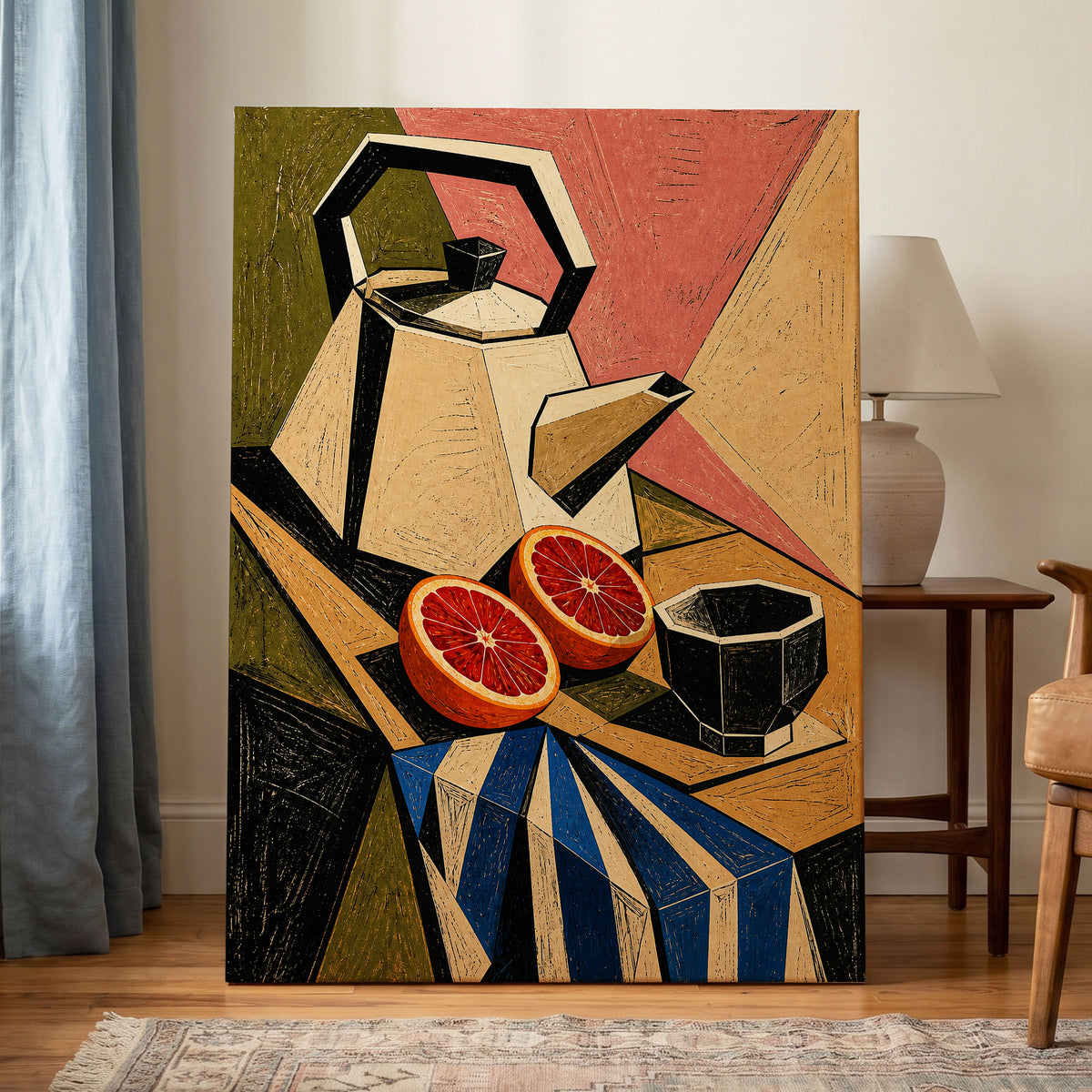 Citrus in Angles, black, beige, green abstract wall art displayed in a styled interior, gallery view 3