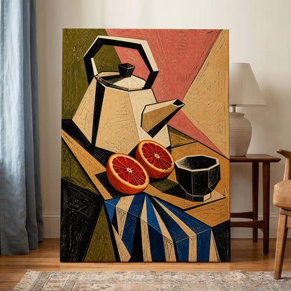 Citrus in Angles, black, beige, green abstract wall art displayed in a styled interior, gallery view 3
