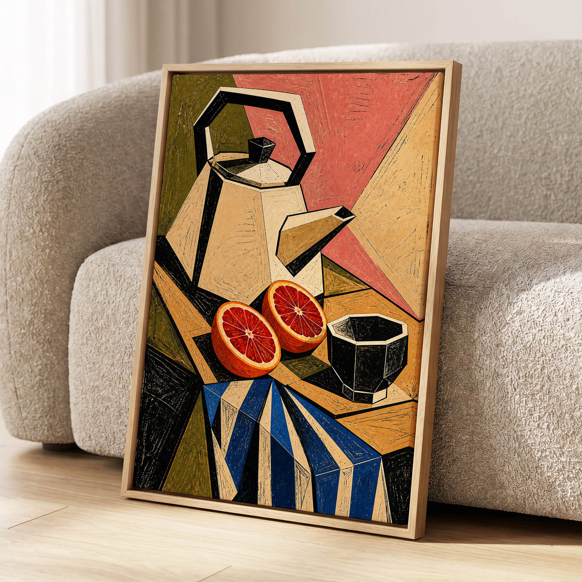 Citrus in Angles, black, beige, green abstract wall art displayed in a styled interior, gallery view 8