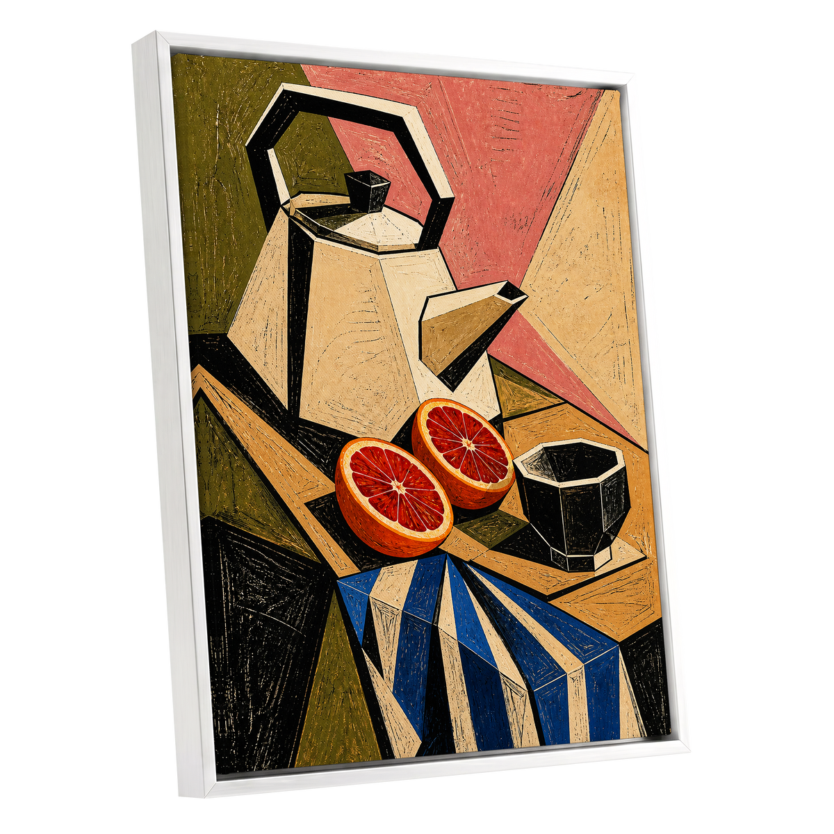 Citrus in Angles, black, beige, green abstract wall art shown as a white framed canvas wall art