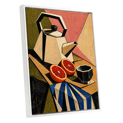 Citrus in Angles, black, beige, green abstract wall art shown as a white framed canvas wall art
