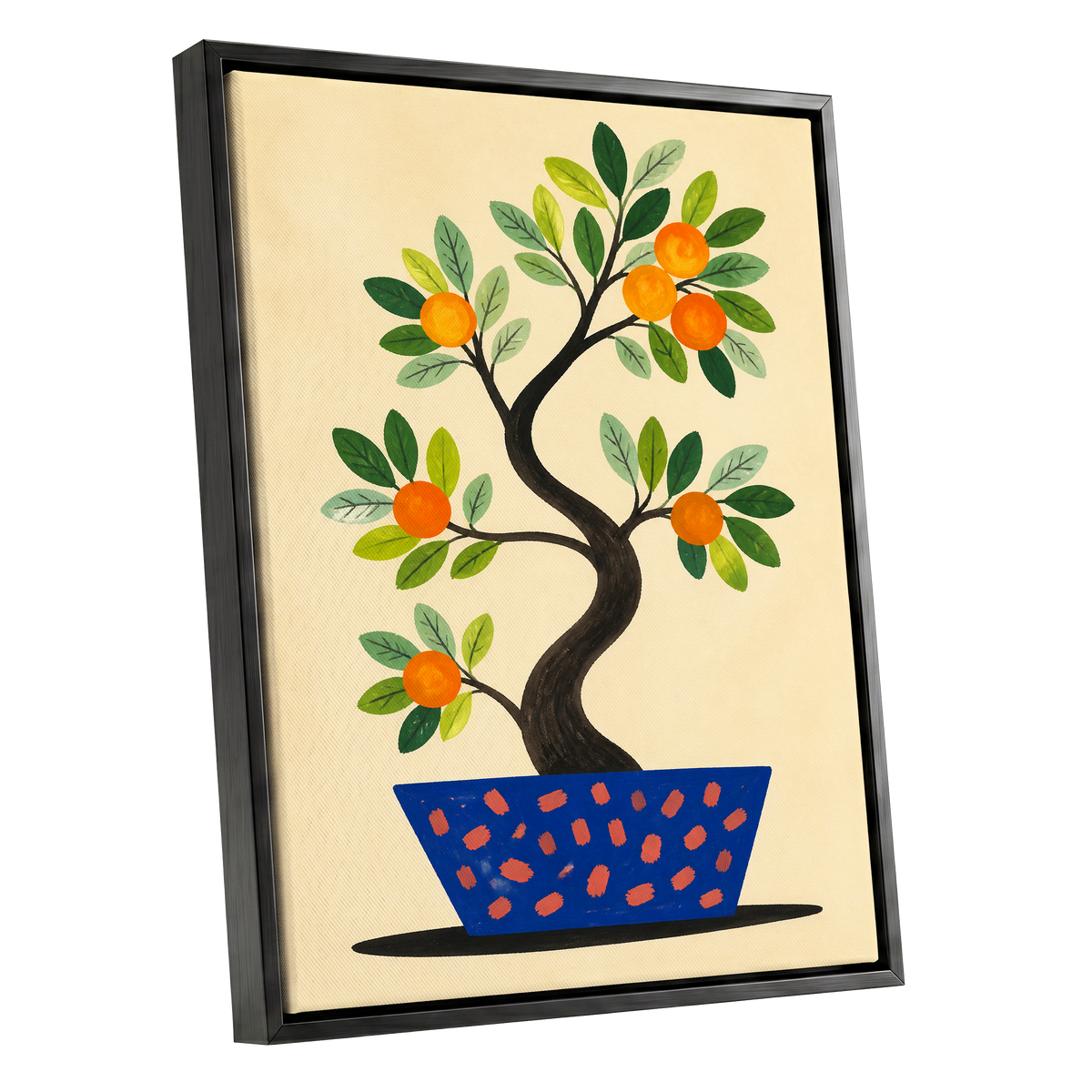 Citrus in Cobalt, orange, green, blue nature wall art shown as a black framed canvas wall art