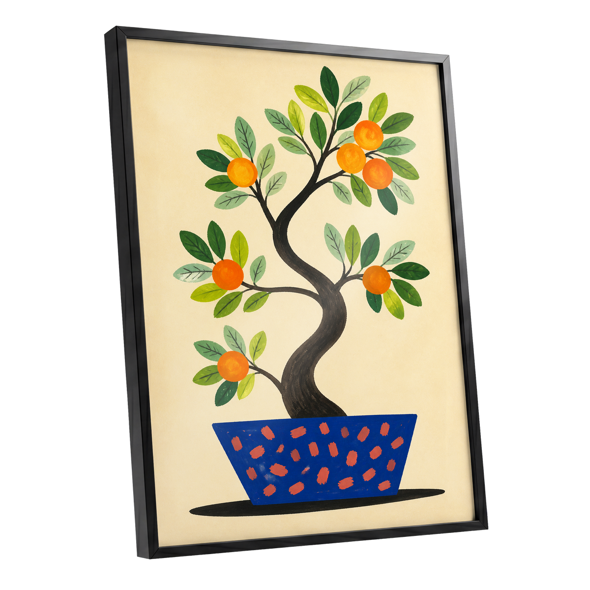 Citrus in Cobalt, orange, green, blue nature wall art shown as a black framed poster wall art print