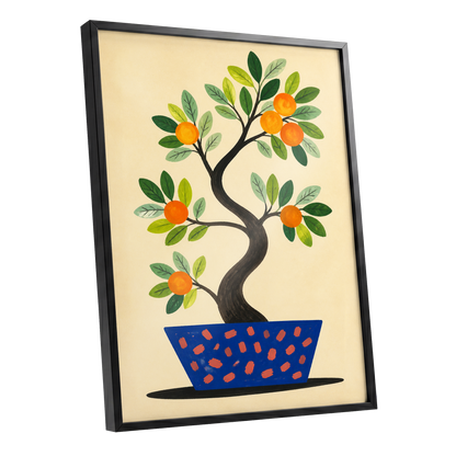 Citrus in Cobalt, orange, green, blue nature wall art shown as a black framed poster wall art print