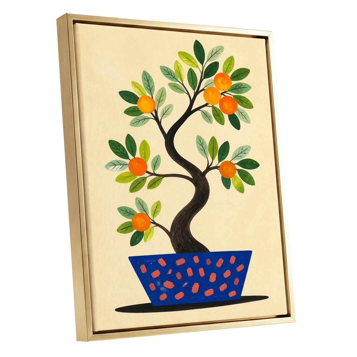 Citrus in Cobalt, orange, green, blue nature wall art shown as a gold framed canvas wall art