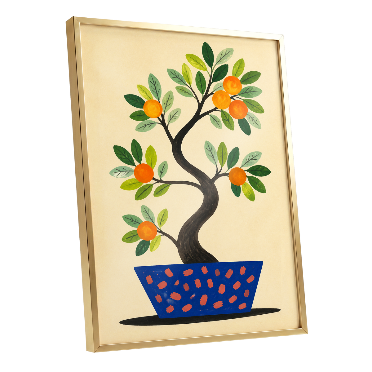 Citrus in Cobalt, orange, green, blue nature wall art shown as a gold framed poster wall art print