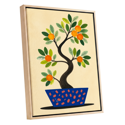Citrus in Cobalt, orange, green, blue nature wall art shown as a oak framed canvas wall art